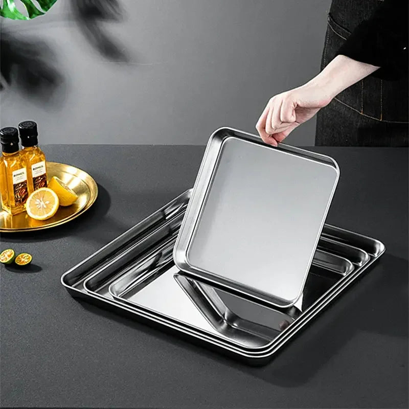 304 Flat Bottom Stainless Steel Square Tray Baking Pan Multifunctional Dessert Straight Edge Baking Tray Kitchen Storage Tools - Confia