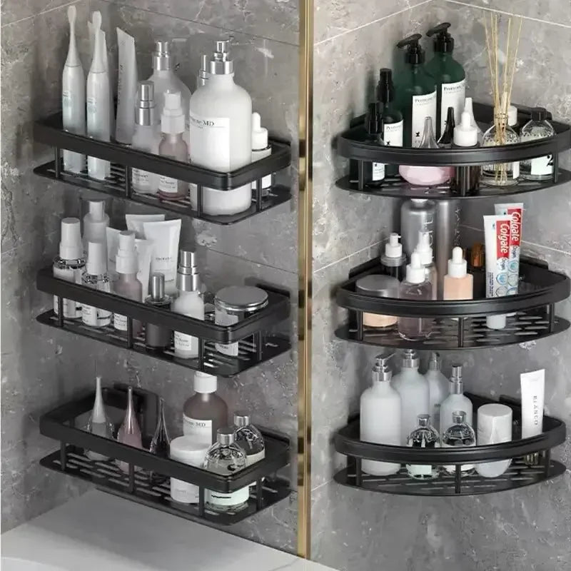 Bathroom Storage Rack, No-Drill Wall Mount Corner Shelf, Multipurpose Self-Adhesive Aluminum Bathroom Wall Mounted Storage Organizer Shelf Holder/Rack/Bathroom Accessories - Confia - reusablefoodstoragebags confia