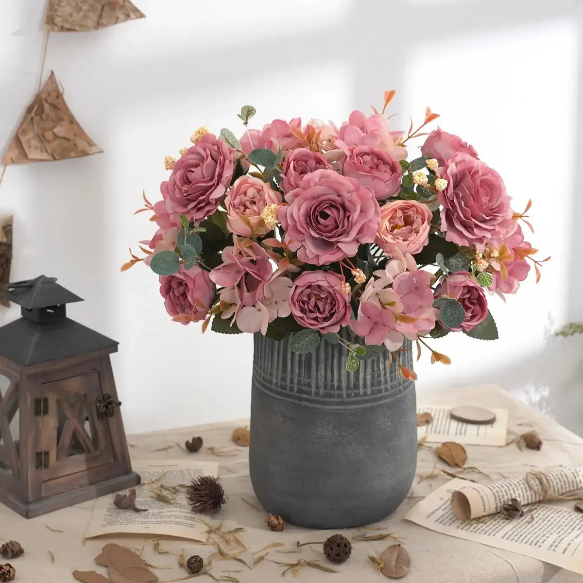 Artificial Flowers with Hydrangea Silk Fake Flowers 1 Bouquets for Home Wedding Decoration Table Centerpiece, Faux Peonies Flow - Confia