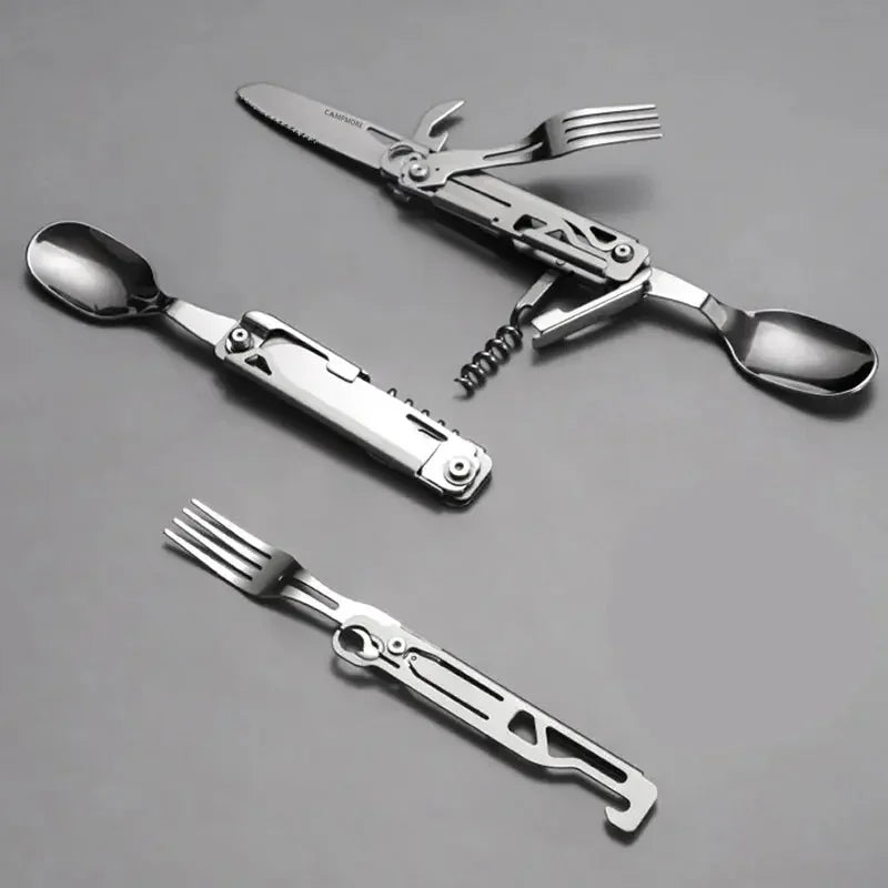 Outdoor Tableware Multi-function Portable Folding Spoon, Fork, Knife, Cork Opener and Bottle Can Opener for Travel Foldable Cutlery Camping Equipment - Confia