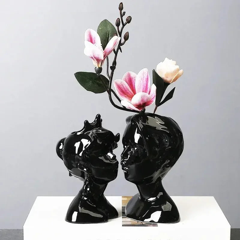 Ceramic Head Face Vase Small Lovers Kiss Statue Flower Pot White Black Modern Planter for Home Table Decoration Floral Art Gifts - Confia