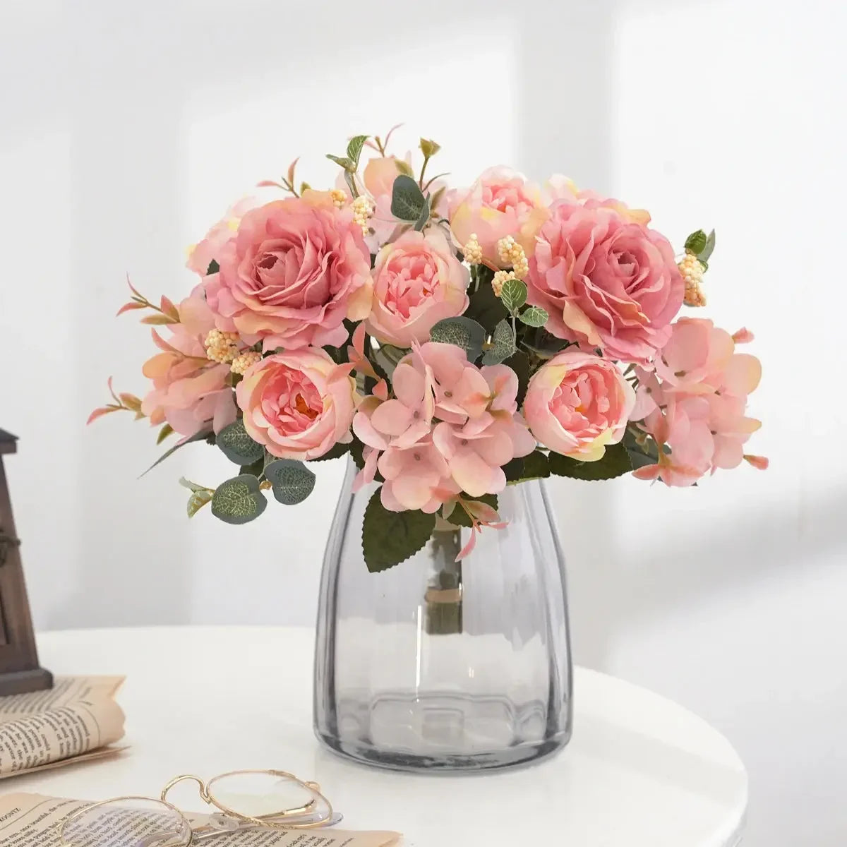 Artificial Flowers with Hydrangea Silk Fake Flowers 1 Bouquets for Home Wedding Decoration Table Centerpiece, Faux Peonies Flow - Confia