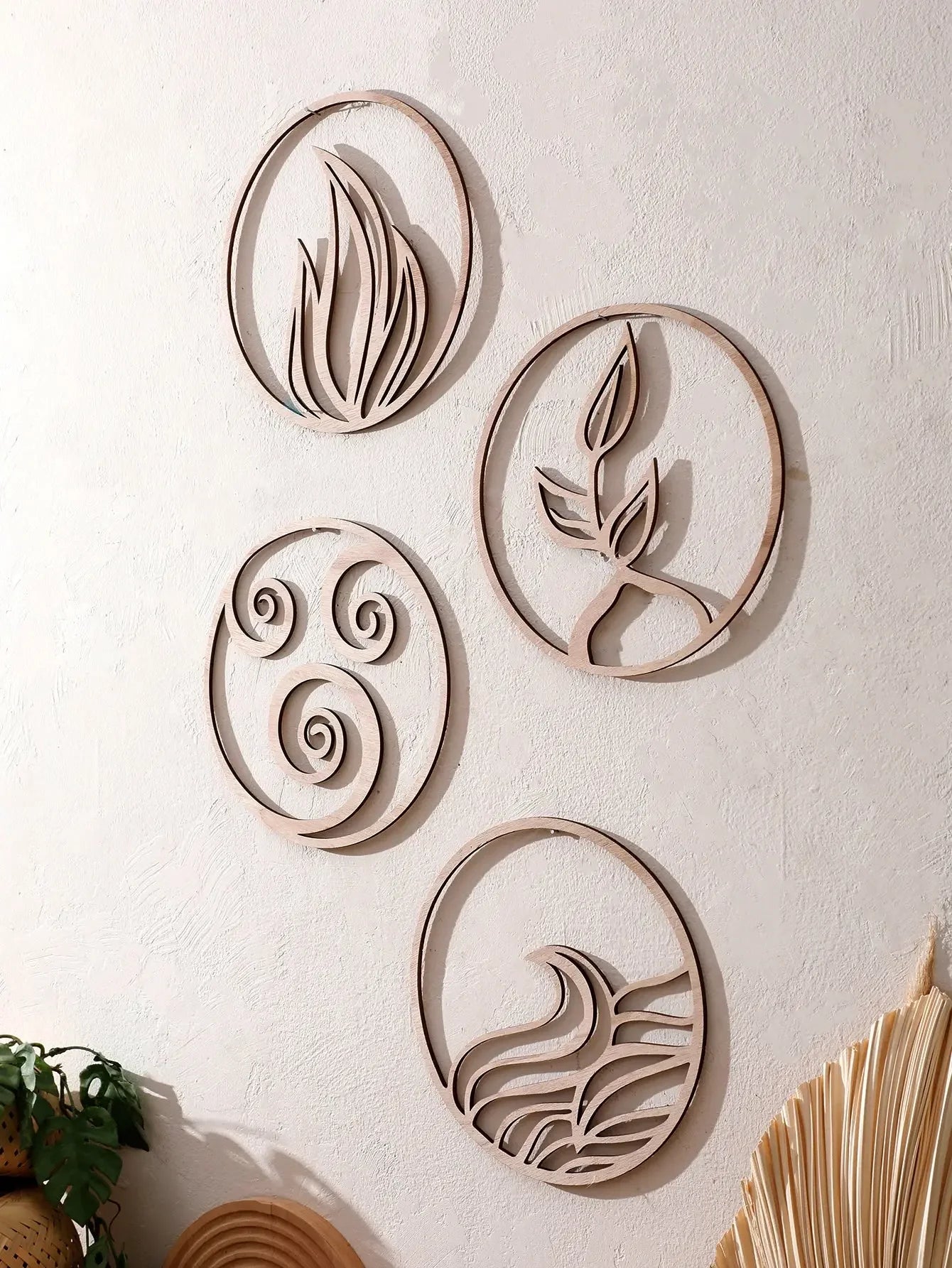 Natural Wooden Wall Hanging Wall Art Decor - Elements Design (Fire, Water, Earth, Air) Wood Hanging Wall Decor Boho Wall Accent - Confia