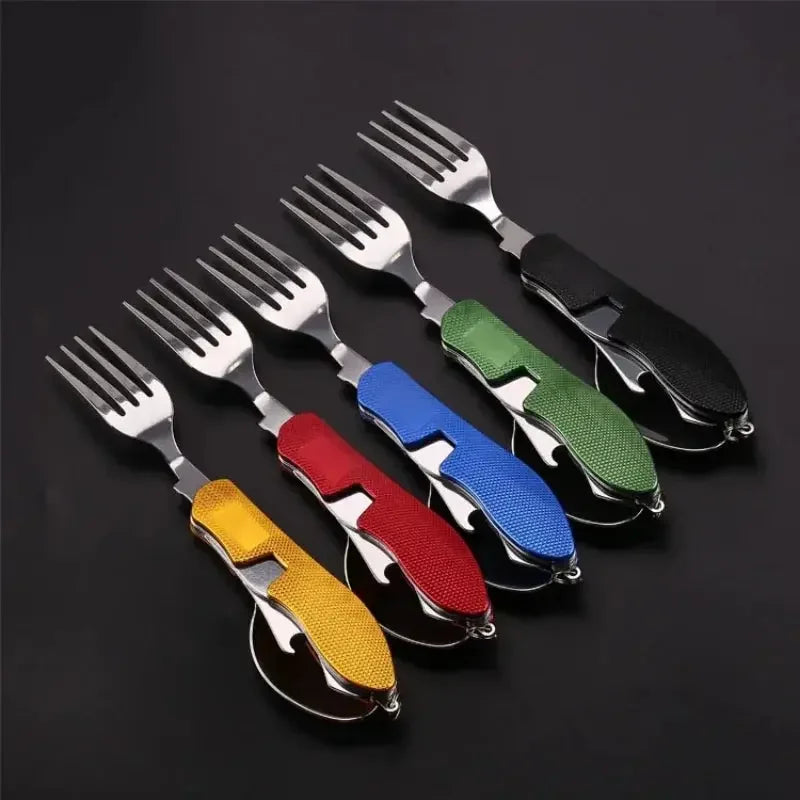 Stainless Steel cutlery 4 In 1 Outdoor Picnic Tableware Foldable Knife Fork Spoon Bottle Opener Folding Pocket Cutlery Set - Confia