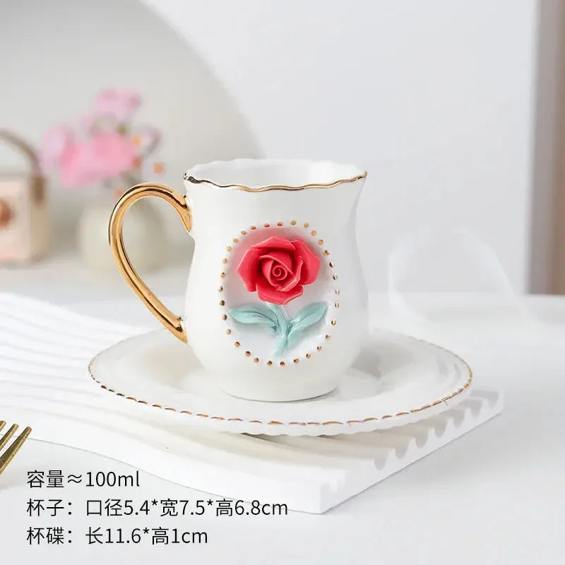 Ceramic rose cup, coffee cup plate set, handmade ceramic flower cup Gift for Women - Confia