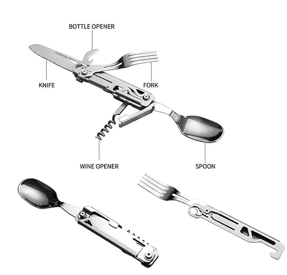 Outdoor Tableware Multi-function Portable Folding Spoon, Fork, Knife, Cork Opener and Bottle Can Opener for Travel Foldable Cutlery Camping Equipment - Confia