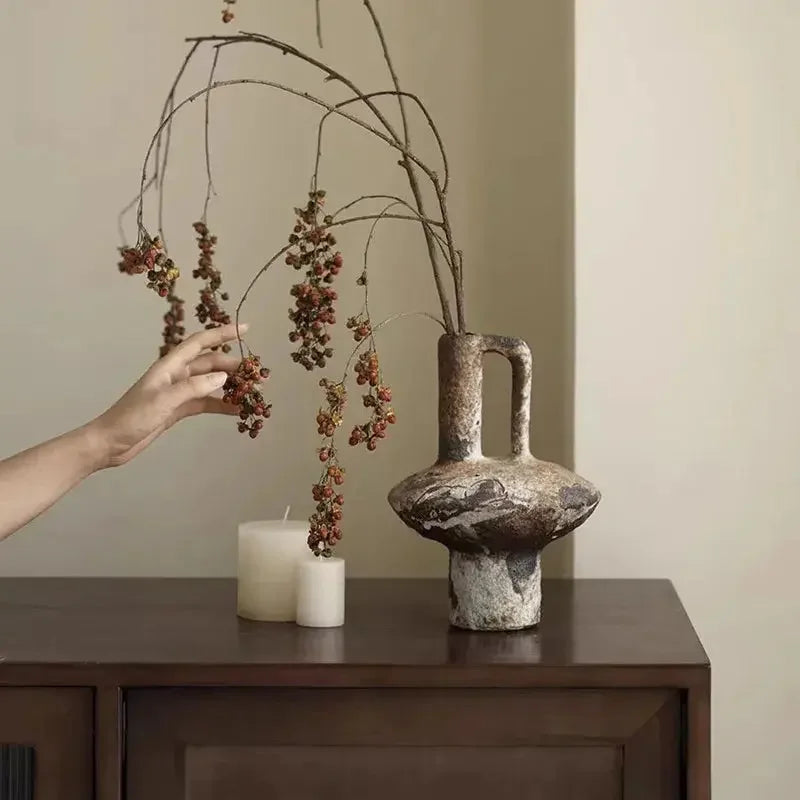Ceramic Vase Coarse Ceramic Vase Flower Arrangement Retro Handmade Wabi Sabi Style Dry Flowers Zen Flower Arrangement - Confia