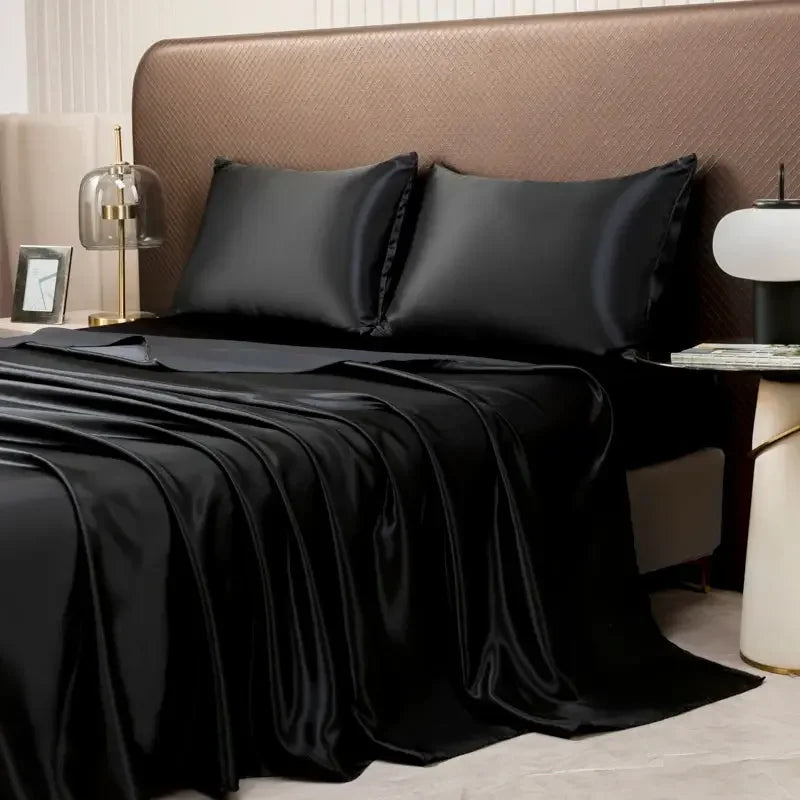 Satin Bed Sheet Sets for Summer Silky Smooth Top Sheet with Pillowcase Single/Queen/King Ice Cooling Flat Bed Sheet Sets - Confia - reusablefoodstoragebags confia