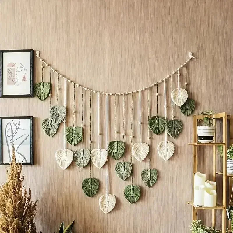 Boho Home Decoration, Macrame Tapestry Macrame Leaf Feather Wall Hanging Decor for Living Room Bedroom, Boho Wall Art Home Decor - Confia