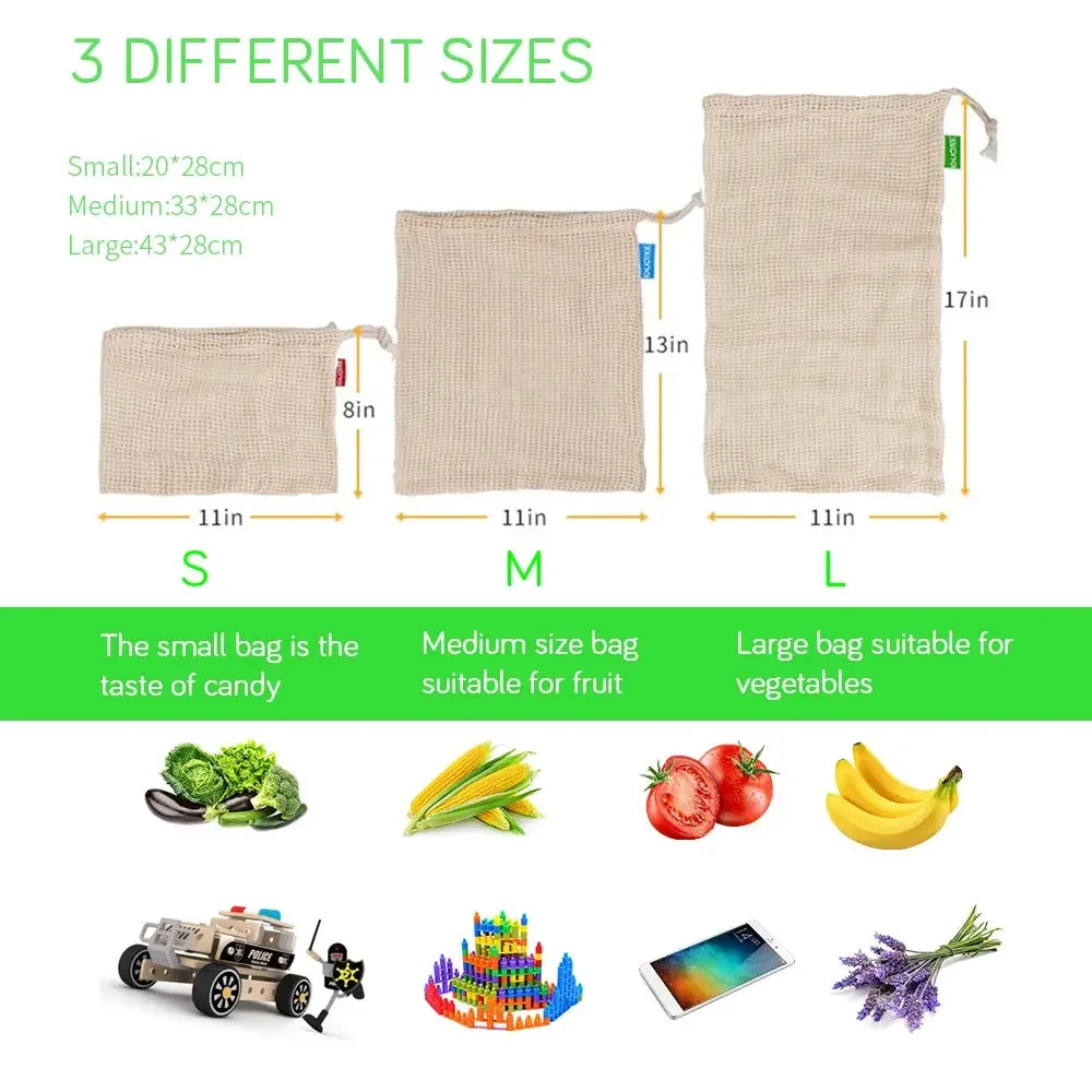 Reusable Cotton Mesh Produce Bags for Vegetable Fruit Food Kitchen Washable Grid Storage Bag Eco String bag Kitchen Organizer Confia