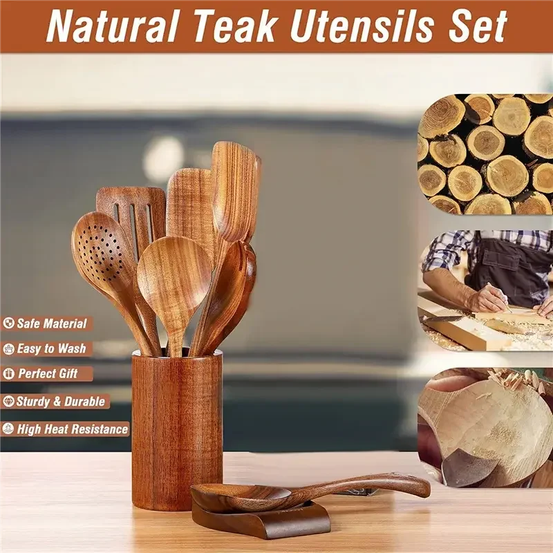 9 PCS Wooden Spoons for Cooking, Wooden Utensils for Cooking with Utensils Holder, Teak Wooden Kitchen Utensils Set - Confia
