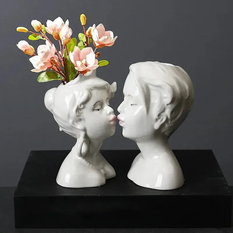 Ceramic Head Face Vase Small Lovers Kiss Statue Flower Pot White Black Modern Planter for Home Table Decoration Floral Art Gifts - Confia