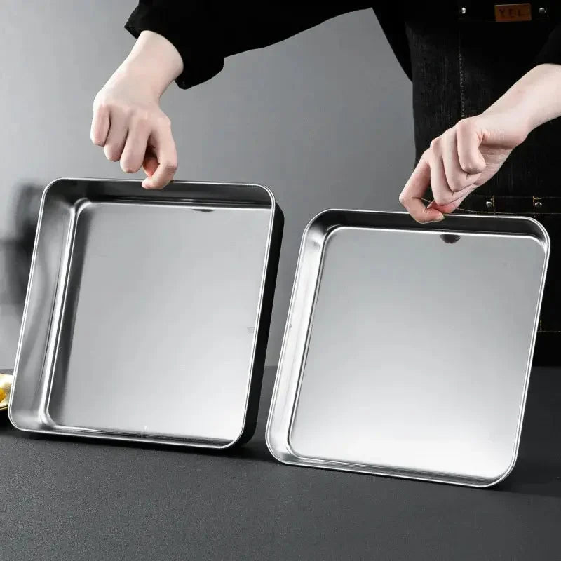 304 Flat Bottom Stainless Steel Square Tray Baking Pan Multifunctional Dessert Straight Edge Baking Tray Kitchen Storage Tools - Confia