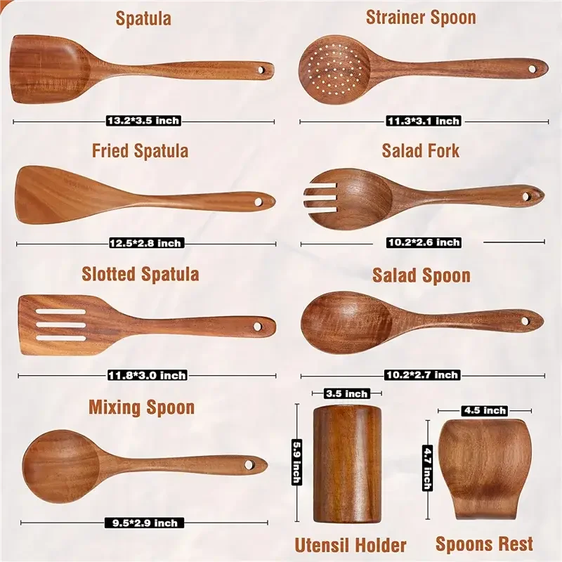 9 PCS Wooden Spoons for Cooking, Wooden Utensils for Cooking with Utensils Holder, Teak Wooden Kitchen Utensils Set - Confia