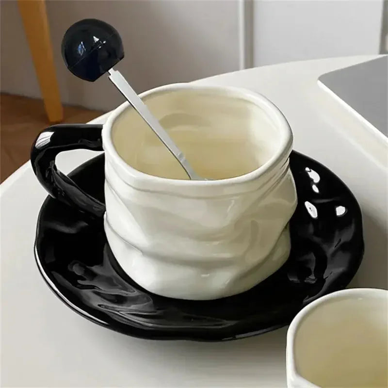 230ml Ceramics Coffee Cups and Saucers Creative Pleated Design Ceramics Mug Afternoon Tea Cup Breakfast Milk Couple Water Cup - Confia