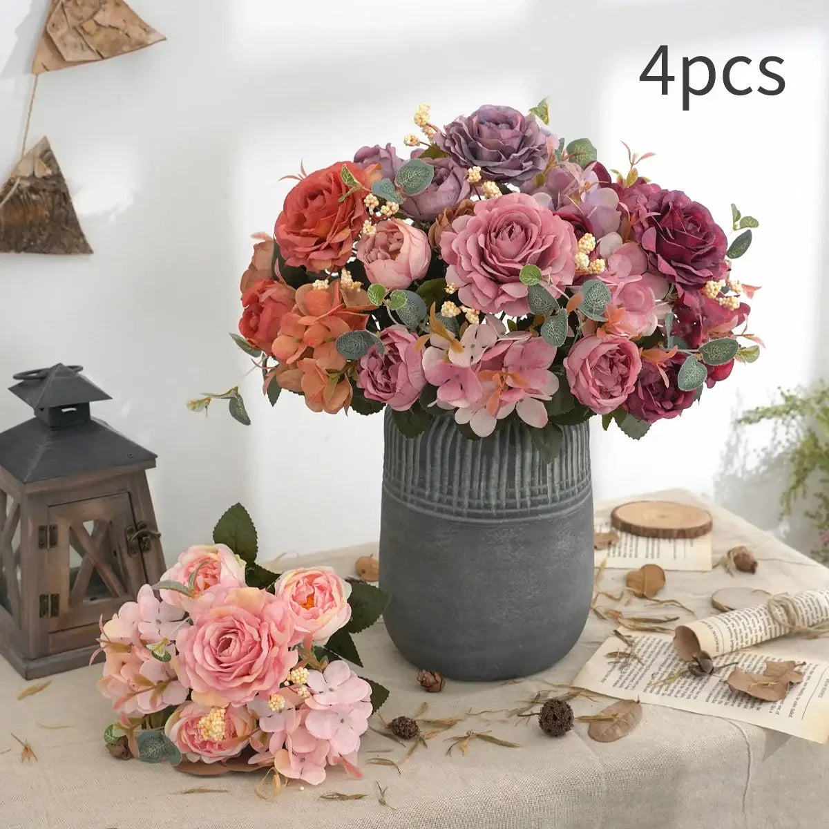 Artificial Flowers with Hydrangea Silk Fake Flowers 1 Bouquets for Home Wedding Decoration Table Centerpiece, Faux Peonies Flow - Confia