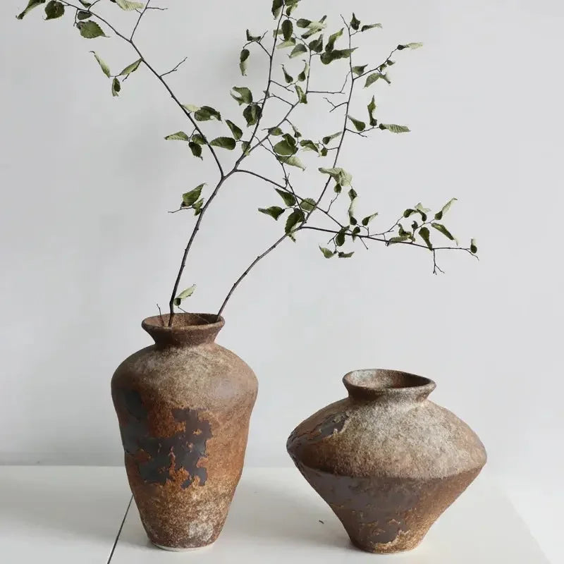 Ceramic Vase Coarse Ceramic Vase Flower Arrangement Retro Handmade Wabi Sabi Style Dry Flowers Zen Flower Arrangement - Confia