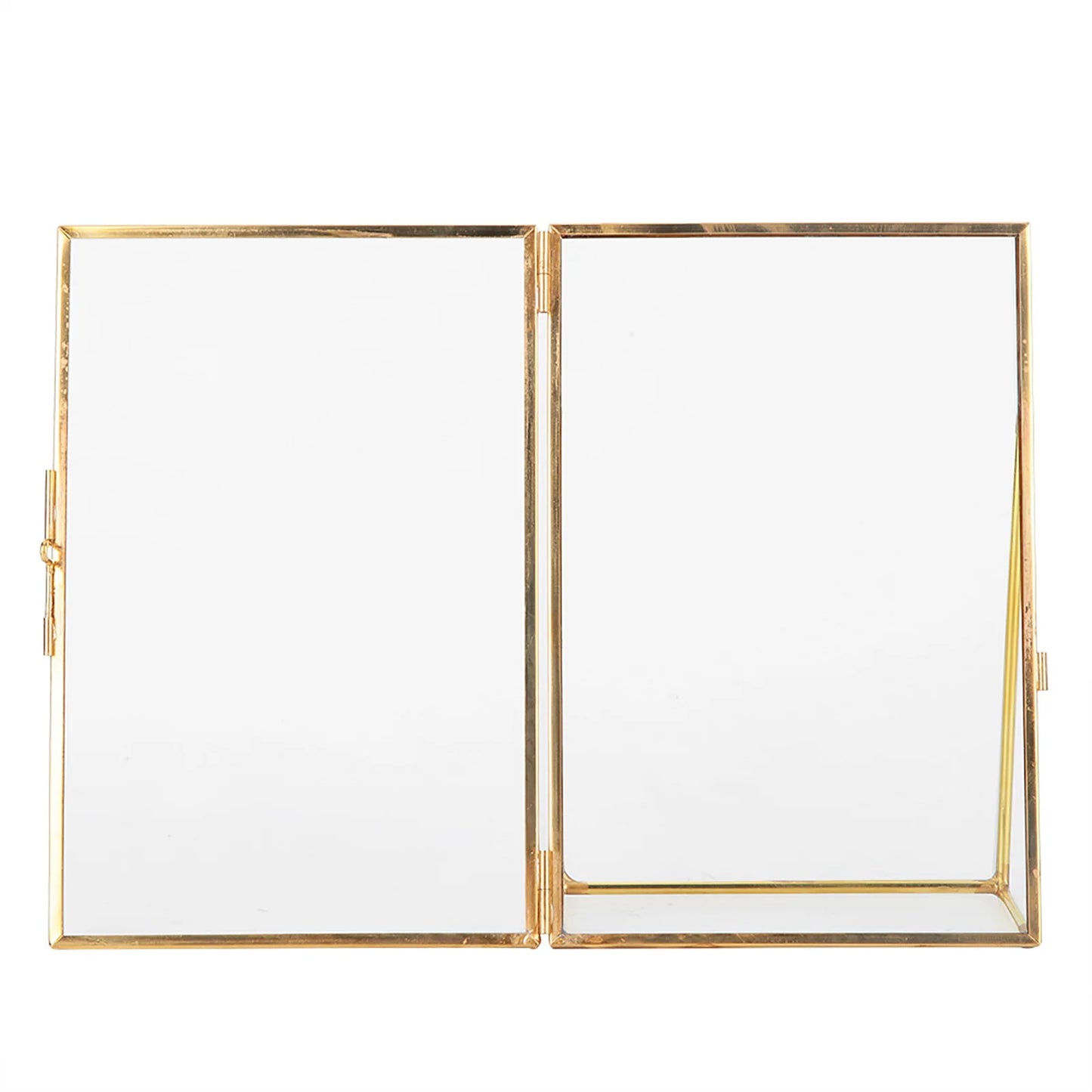 Decorative Glass Photo Frame with Gold Metal Stand, Table Brass double Glass Photo Frame for Dried, pressed Flowers, Floating Frame for Gifting 5x7 inches Tabletop, decorative
