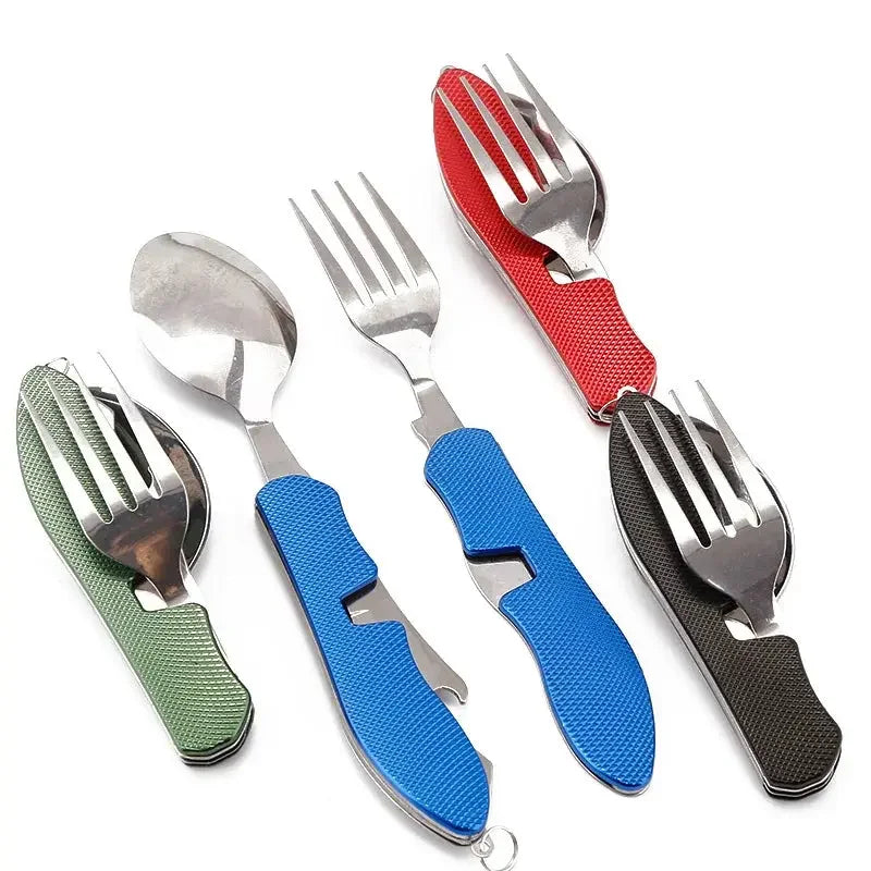 Stainless Steel cutlery 4 In 1 Outdoor Picnic Tableware Foldable Knife Fork Spoon Bottle Opener Folding Pocket Cutlery Set - Confia