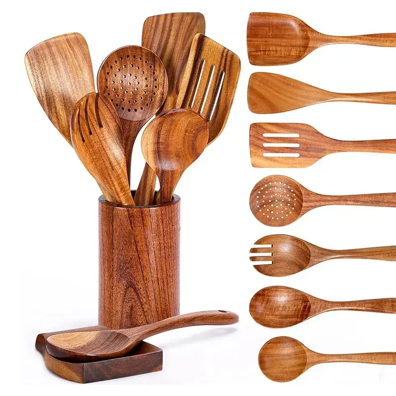 9 PCS Wooden Spoons for Cooking, Wooden Utensils for Cooking with Utensils Holder, Teak Wooden Kitchen Utensils Set - Confia