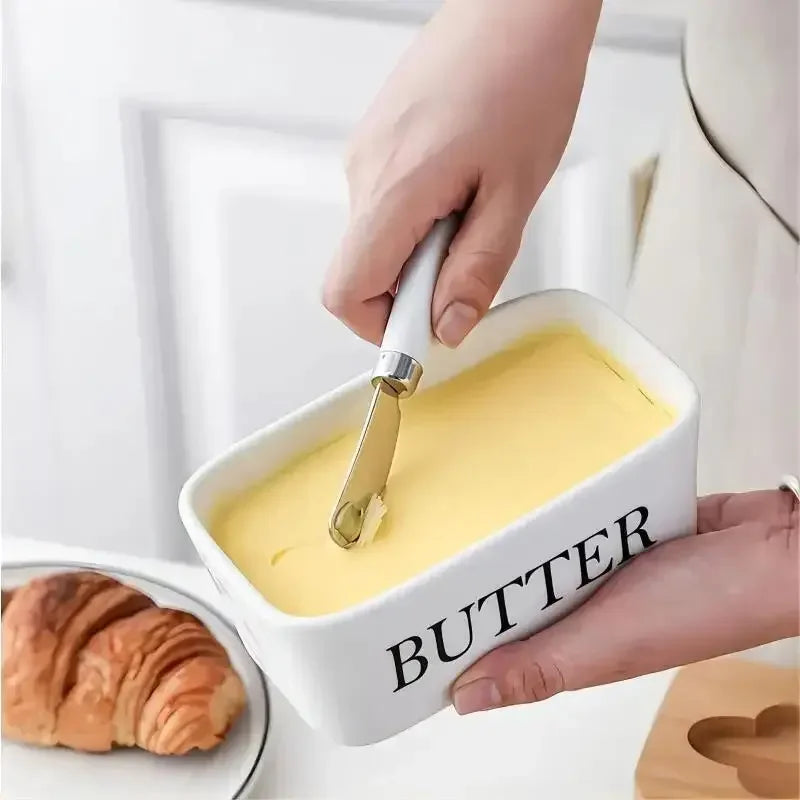 Ceramic Butter Boxes Dishes Wooden Large Butter Box Container Keeper Storage with Stainless Steel Butter Knife Spreader, Multi - Confia