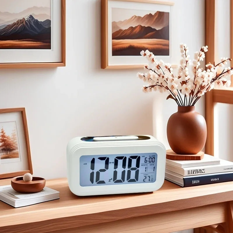 Alarm Clock Desktop Digital Clock LCD Large Screen Temperature Calendar Nightlight Wake-up Student Snooze Clock 12/24H Bedrooms