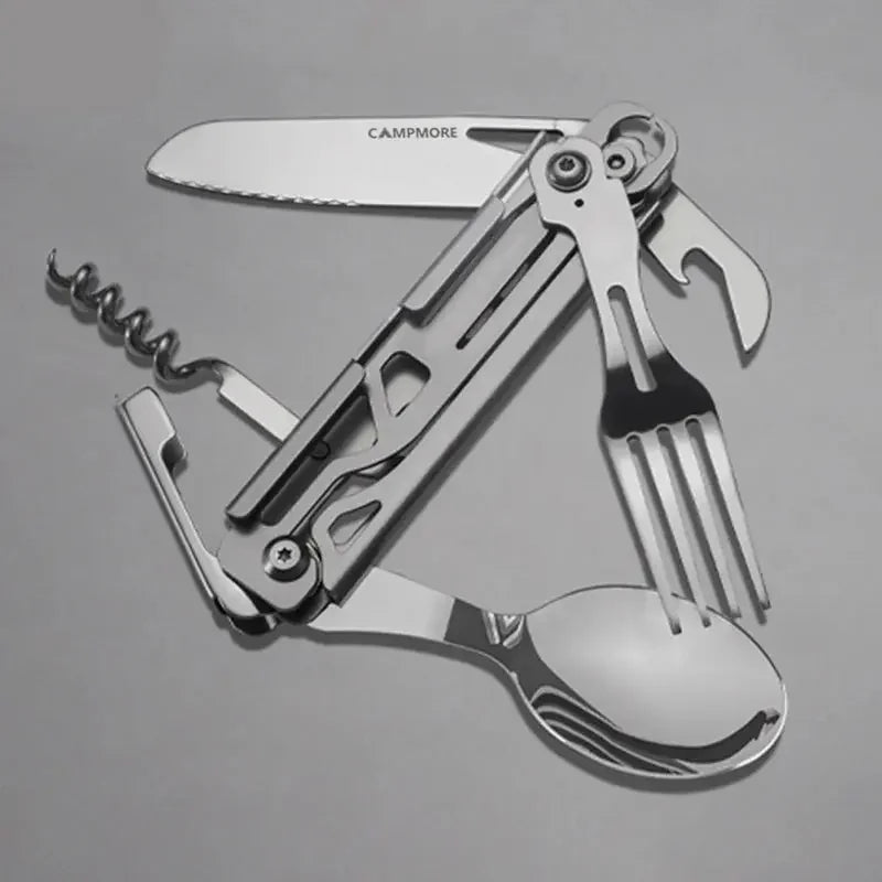 Outdoor Tableware Multi-function Portable Folding Spoon, Fork, Knife, Cork Opener and Bottle Can Opener for Travel Foldable Cutlery Camping Equipment - Confia