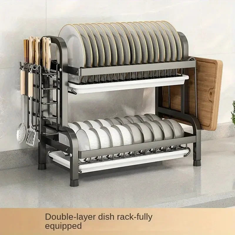 2 Tier Black Large Stainless Steel Dish Drainers Drying Rack for Kitchen Counter with Drainboard - Confia - reusablefoodstoragebags confia
