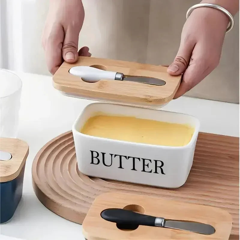 Ceramic Butter Boxes Dishes Wooden Large Butter Box Container Keeper Storage with Stainless Steel Butter Knife Spreader, Multi - Confia