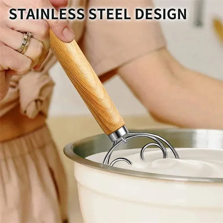 Danish Dough Whisk Stainless Steel Dutch Style Bread Dough Hand Mixer Blender Wooden Handle Kitchen Baking Tools Artesian Blender - Confia - reusablefoodstoragebags confia