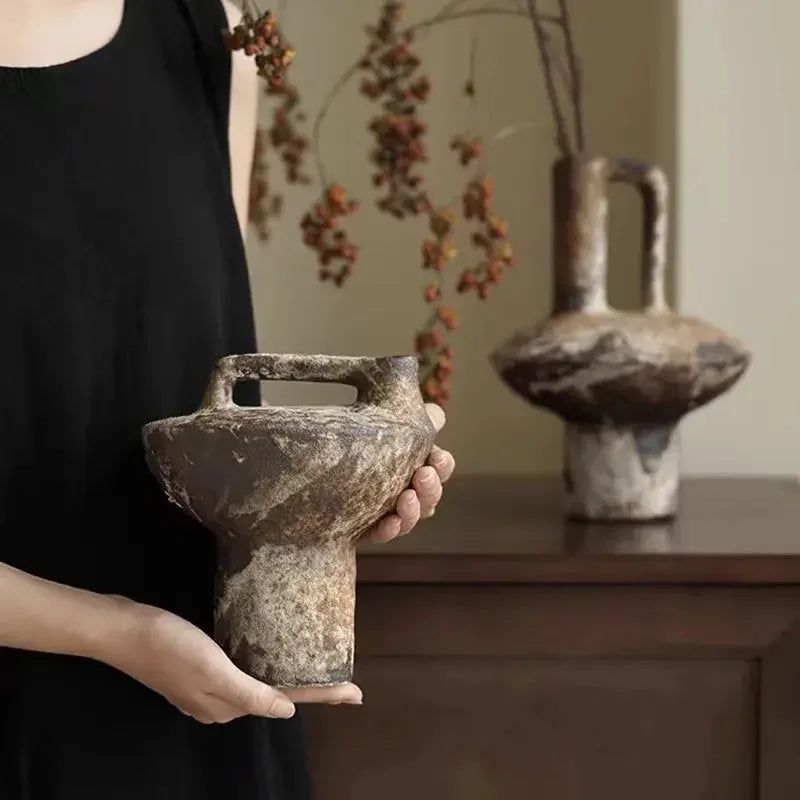 Ceramic Vase Coarse Ceramic Vase Flower Arrangement Retro Handmade Wabi Sabi Style Dry Flowers Zen Flower Arrangement - Confia