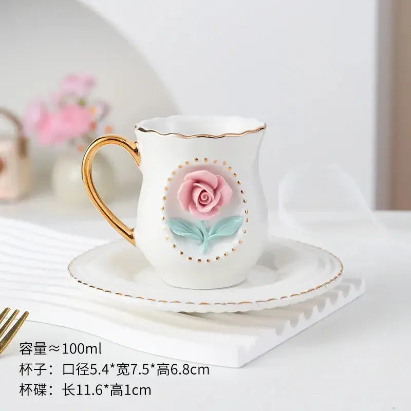 Ceramic rose cup, coffee cup plate set, handmade ceramic flower cup Gift for Women - Confia
