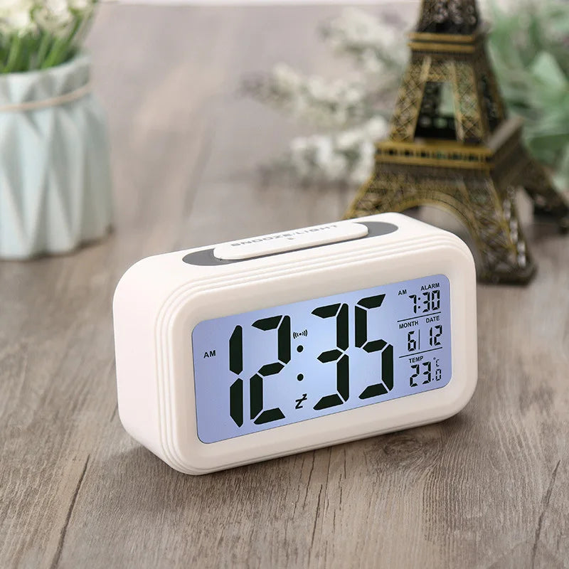 Alarm Clock Desktop Digital Clock LCD Large Screen Temperature Calendar Nightlight Wake-up Student Snooze Clock 12/24H Bedrooms