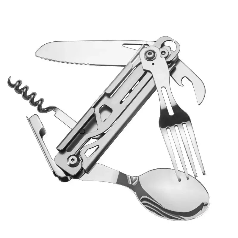 Outdoor Tableware Multi-function Portable Folding Spoon, Fork, Knife, Cork Opener and Bottle Can Opener for Travel Foldable Cutlery Camping Equipment - Confia