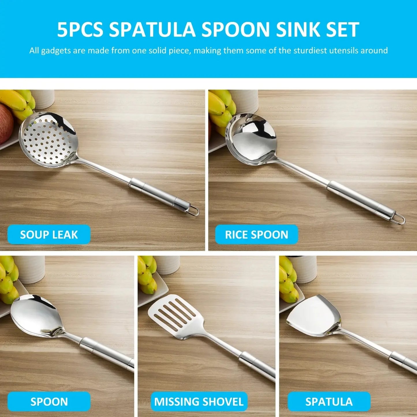 5Pcs Kitchen Cooking Utensils Set Stainless Steel Spoons Spatula with Ergonomic Handle Heavy-Duty Washable Spoons Utensils - Confia