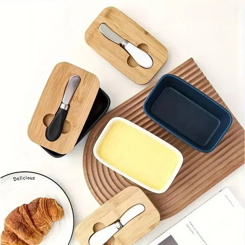 Ceramic Butter Boxes Dishes Wooden Large Butter Box Container Keeper Storage with Stainless Steel Butter Knife Spreader, Multi - Confia