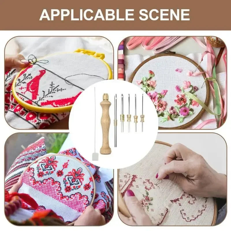 Wooden Embroidery Punch Needle Adjustable Knitting Embroidery Pen Punch Pen with Wooden Handle DIY Craft Sewing Tools - Confia