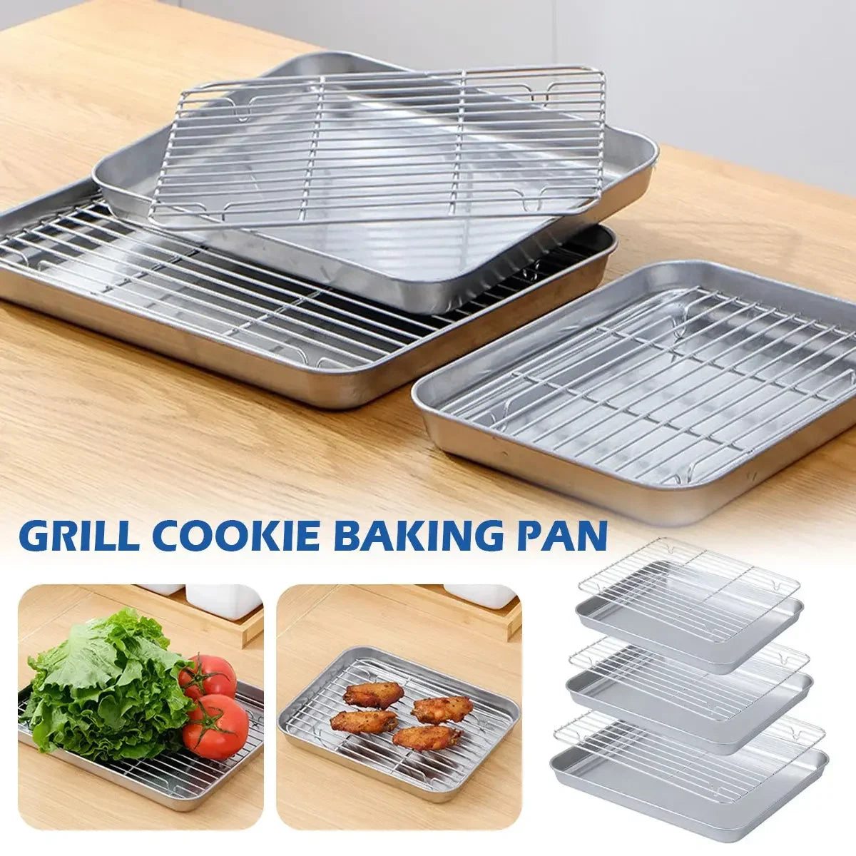 Stainless Steel Baking Pan Tray With Wire Rack Cake Baking BBQ Pan Tray Plate Oven Brownie Rack Cooking Roasting Grilling Tool - Confia