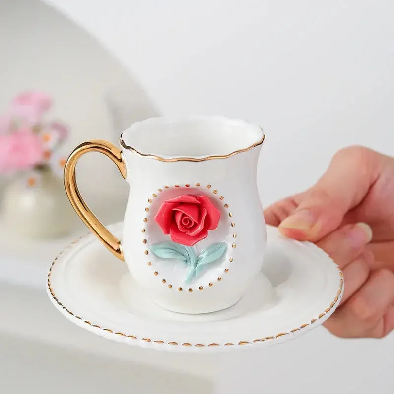 Ceramic rose cup, coffee cup plate set, handmade ceramic flower cup Gift for Women - Confia