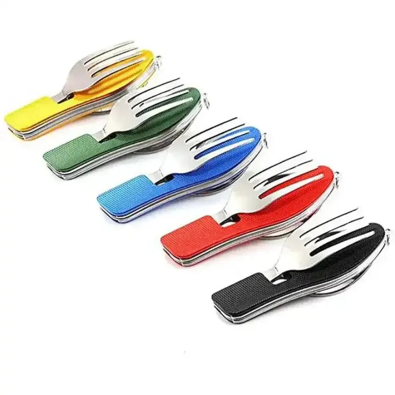 Stainless Steel cutlery 4 In 1 Outdoor Picnic Tableware Foldable Knife Fork Spoon Bottle Opener Folding Pocket Cutlery Set - Confia