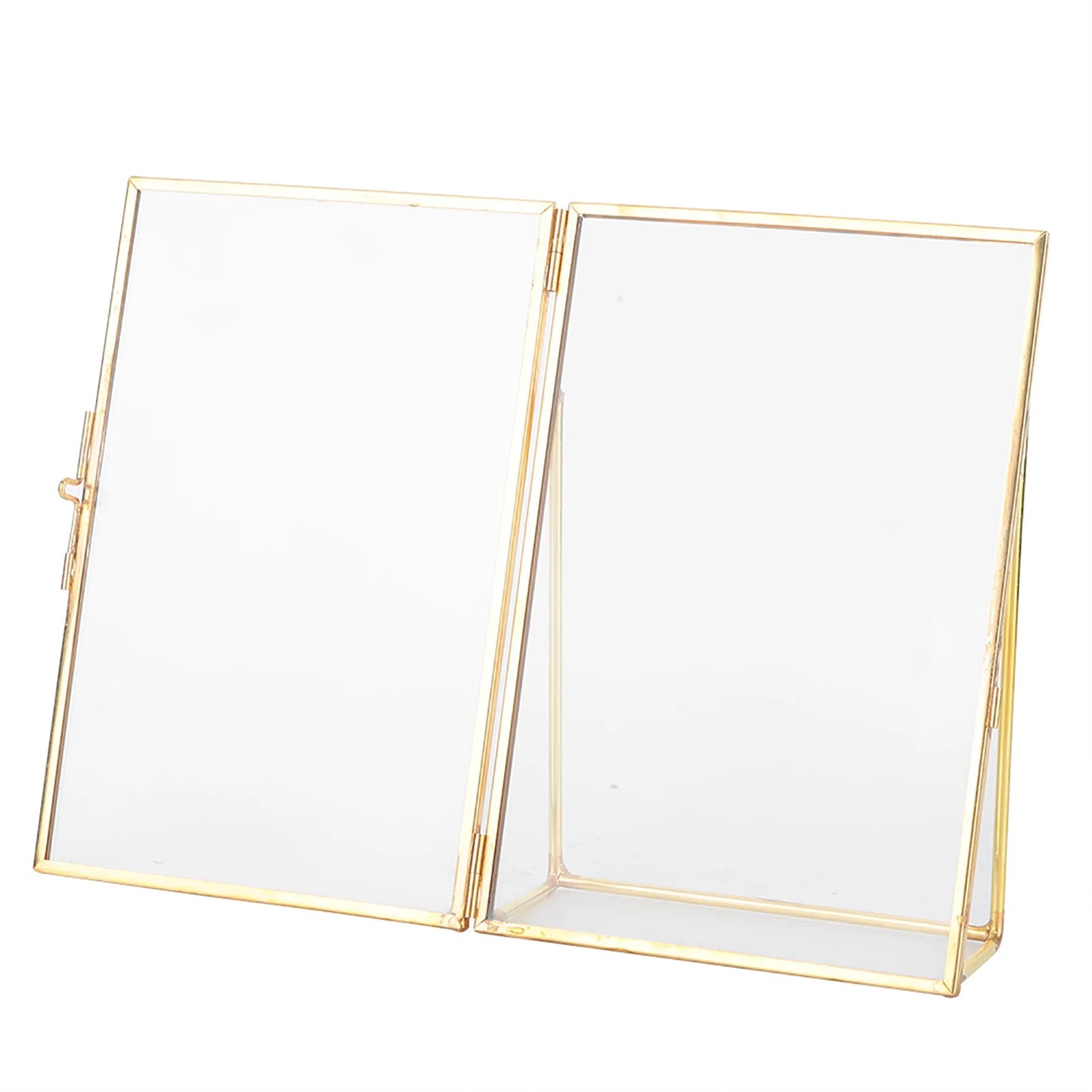 Decorative Glass Photo Frame with Gold Metal Stand, Table Brass double Glass Photo Frame for Dried, pressed Flowers, Floating Frame for Gifting 5x7 inches Tabletop, decorative