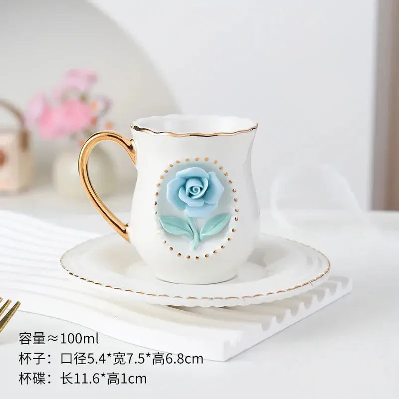 Ceramic rose cup, coffee cup plate set, handmade ceramic flower cup Gift for Women - Confia