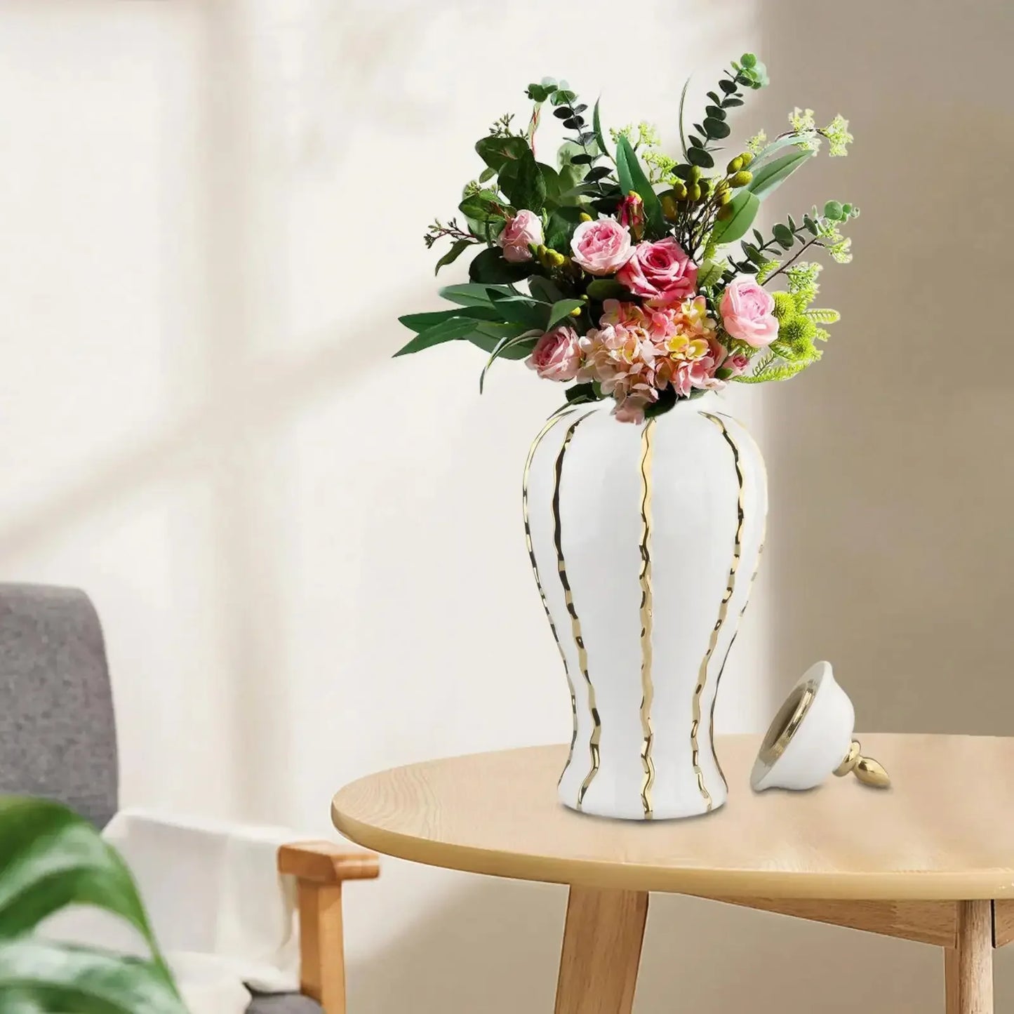 Ceramic Ginger Jar Ceramic Flower Vase Chinese with Lid Table Centerpiece Handmade Flower Vase Storage Jar for Desktop Shelf - Confia