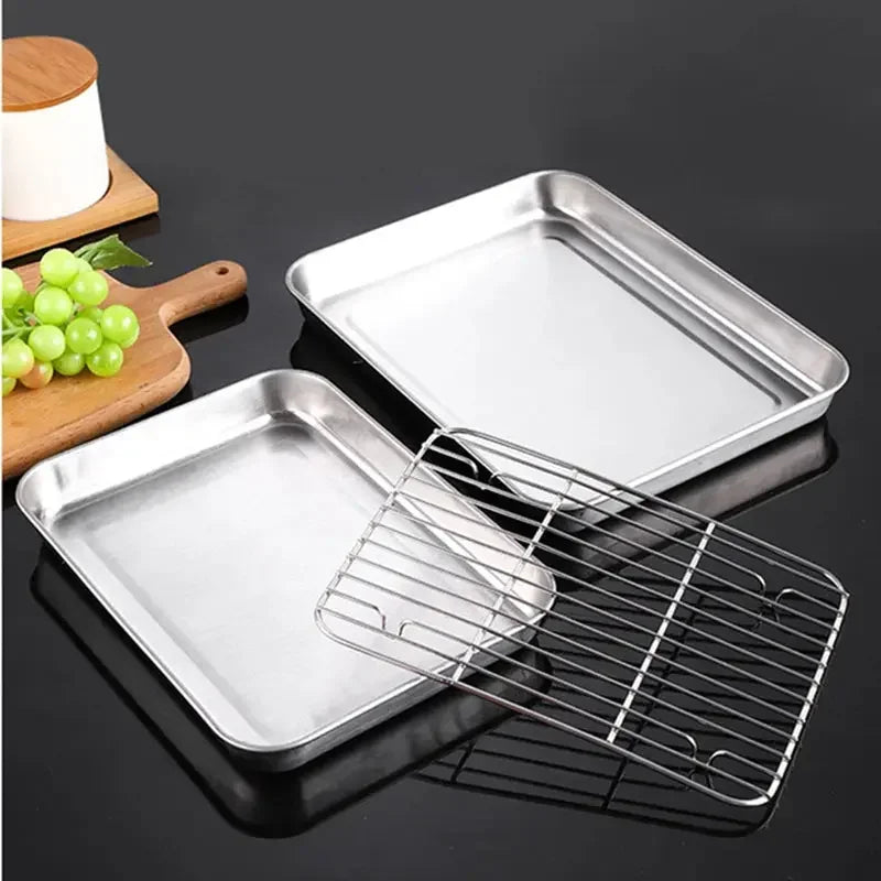 BBQ Bakeware for Baking Cooking Sheet & Rack Set, Stainless Steel Cookies Sheet Large Oven Pan Tray Cooling Grid Rack for Bread Meats, Non Stick Rectangular Deep Dish Oven - Confia