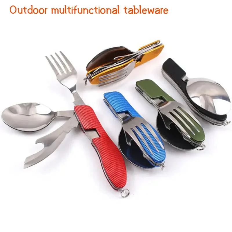 Stainless Steel cutlery 4 In 1 Outdoor Picnic Tableware Foldable Knife Fork Spoon Bottle Opener Folding Pocket Cutlery Set - Confia