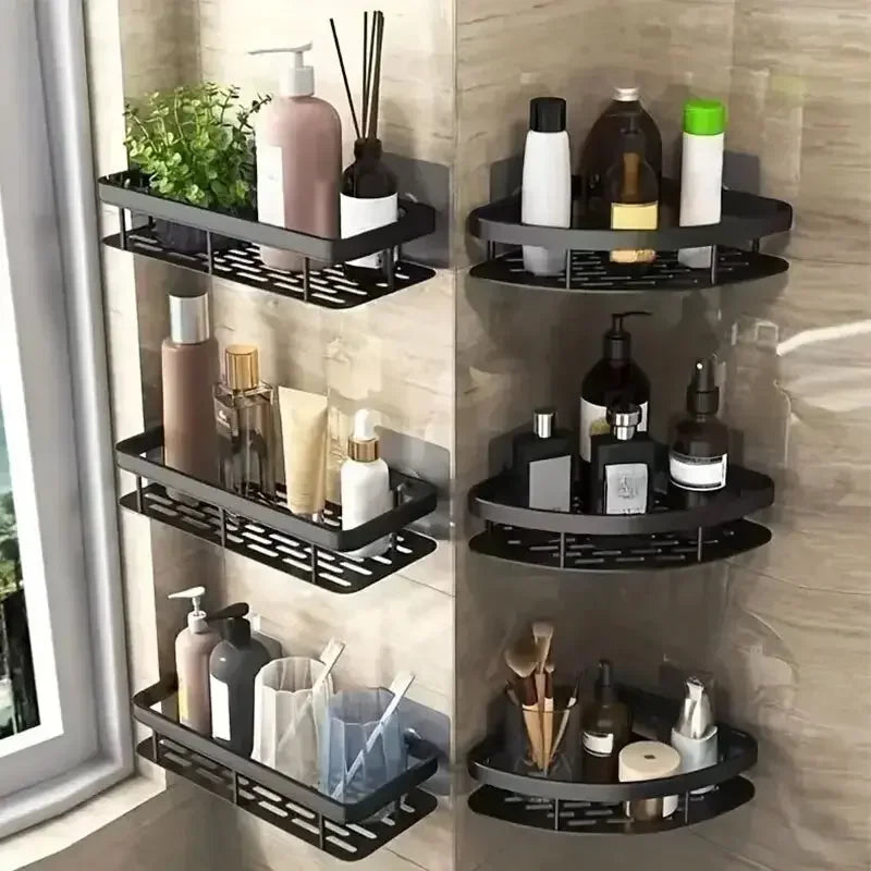 Bathroom Storage Rack, No-Drill Wall Mount Corner Shelf, Multipurpose Self-Adhesive Aluminum Bathroom Wall Mounted Storage Organizer Shelf Holder/Rack/Bathroom Accessories - Confia - reusablefoodstoragebags confia
