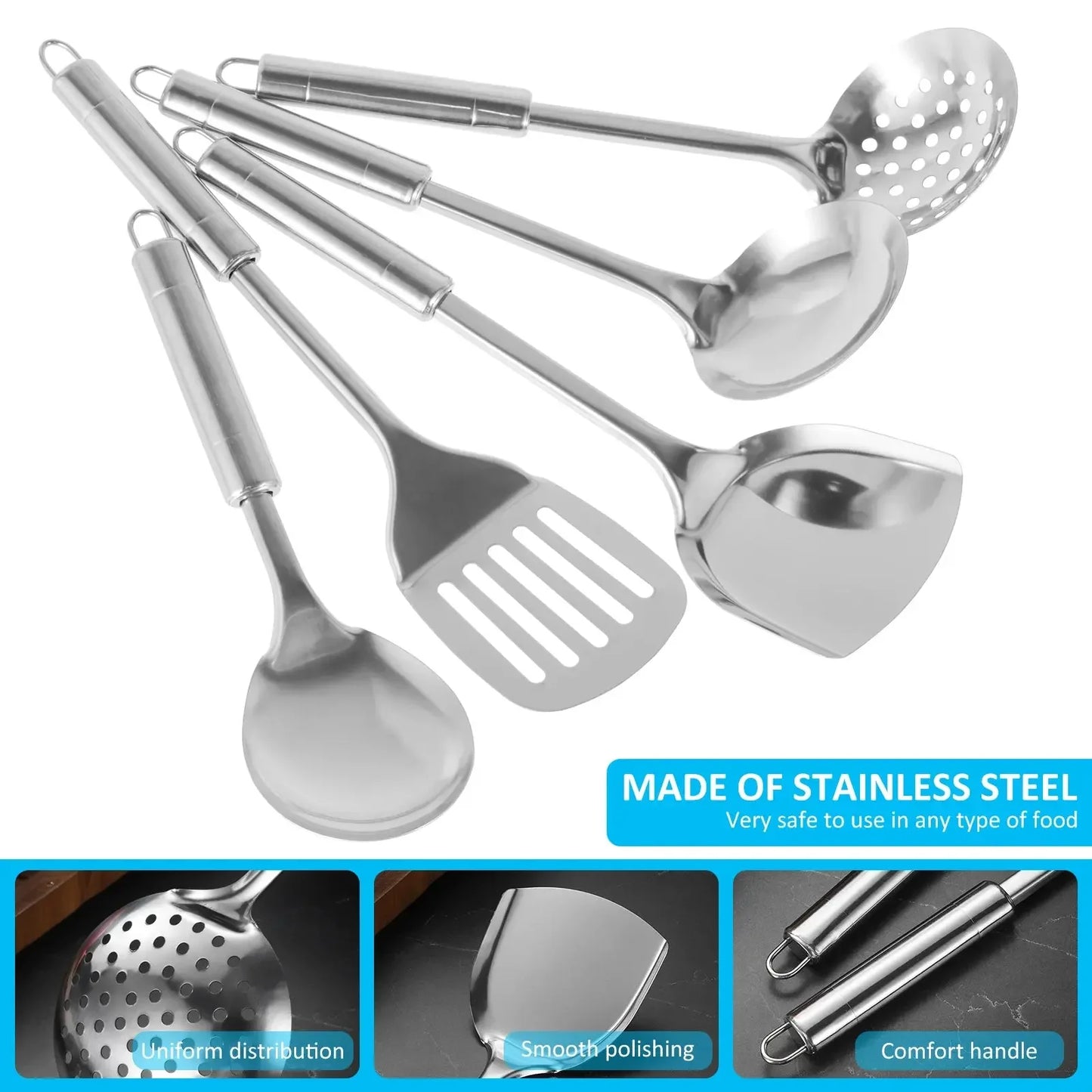 5Pcs Kitchen Cooking Utensils Set Stainless Steel Spoons Spatula with Ergonomic Handle Heavy-Duty Washable Spoons Utensils - Confia