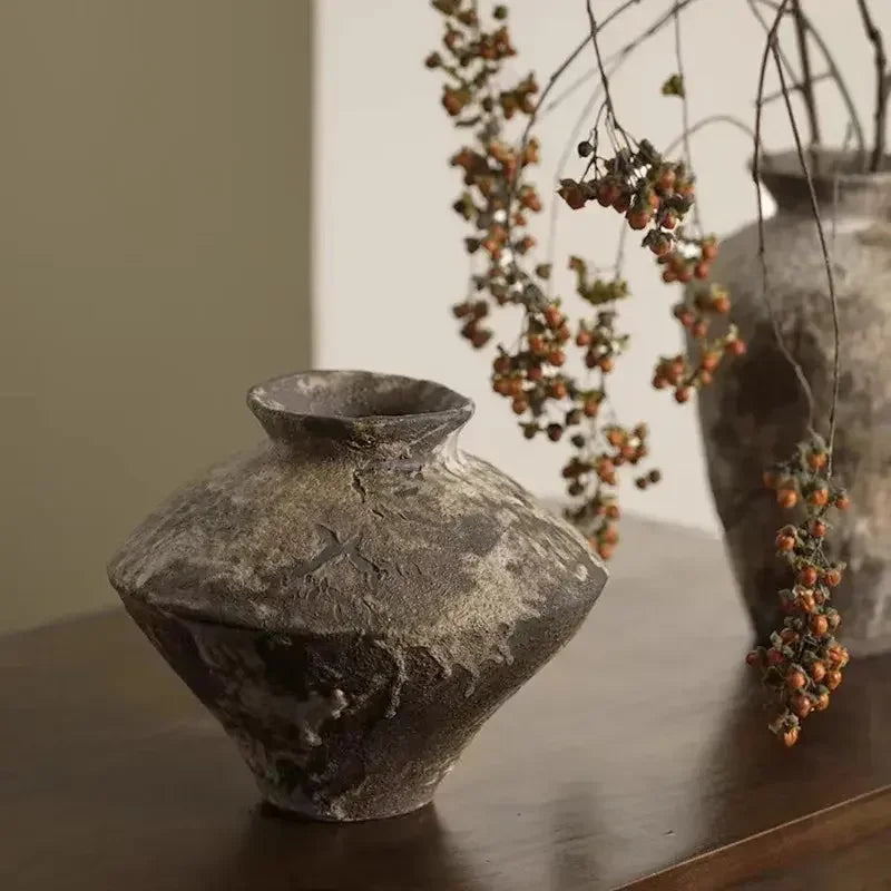 Ceramic Vase Coarse Ceramic Vase Flower Arrangement Retro Handmade Wabi Sabi Style Dry Flowers Zen Flower Arrangement - Confia