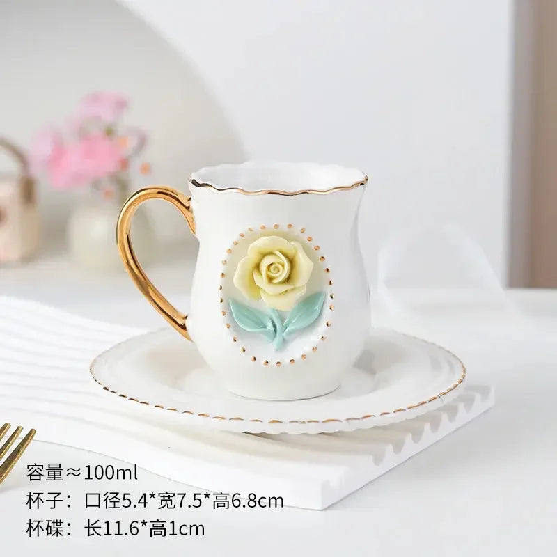 Ceramic rose cup, coffee cup plate set, handmade ceramic flower cup Gift for Women - Confia