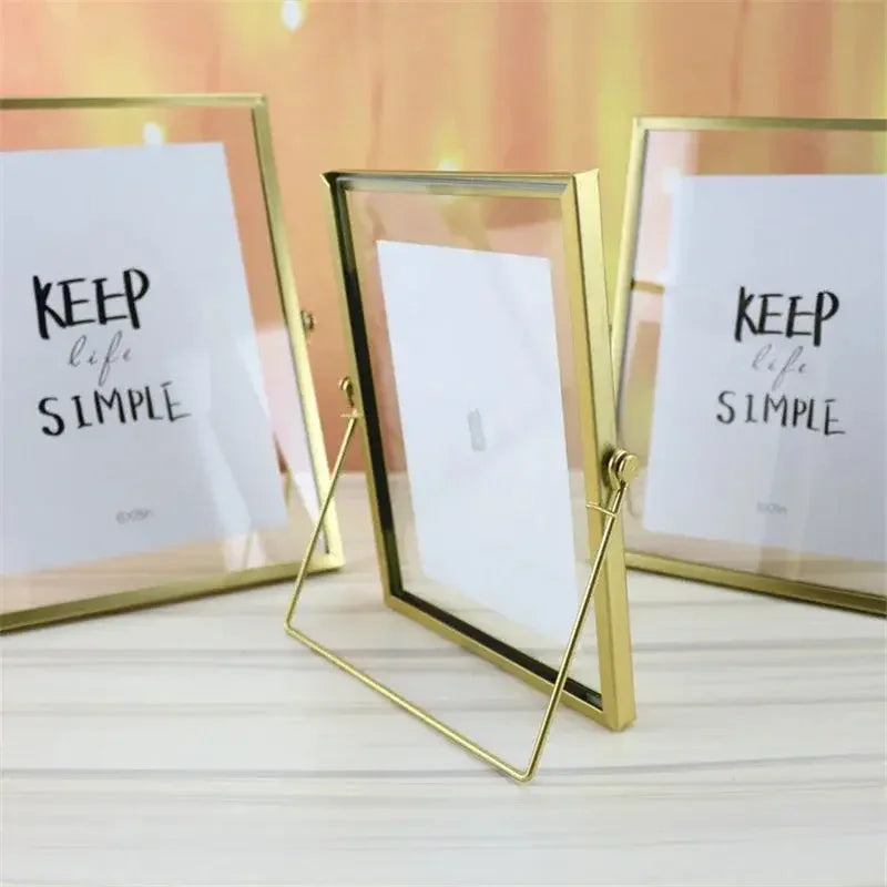 Decorative Glass Photo Frame with Gold Metal Stand, Table Brass double Glass Photo Frame for Dried, pressed Flowers, Poster, Photos, Floating Frame for Gifting 5x7 inches Tabletop, decorative - Confia